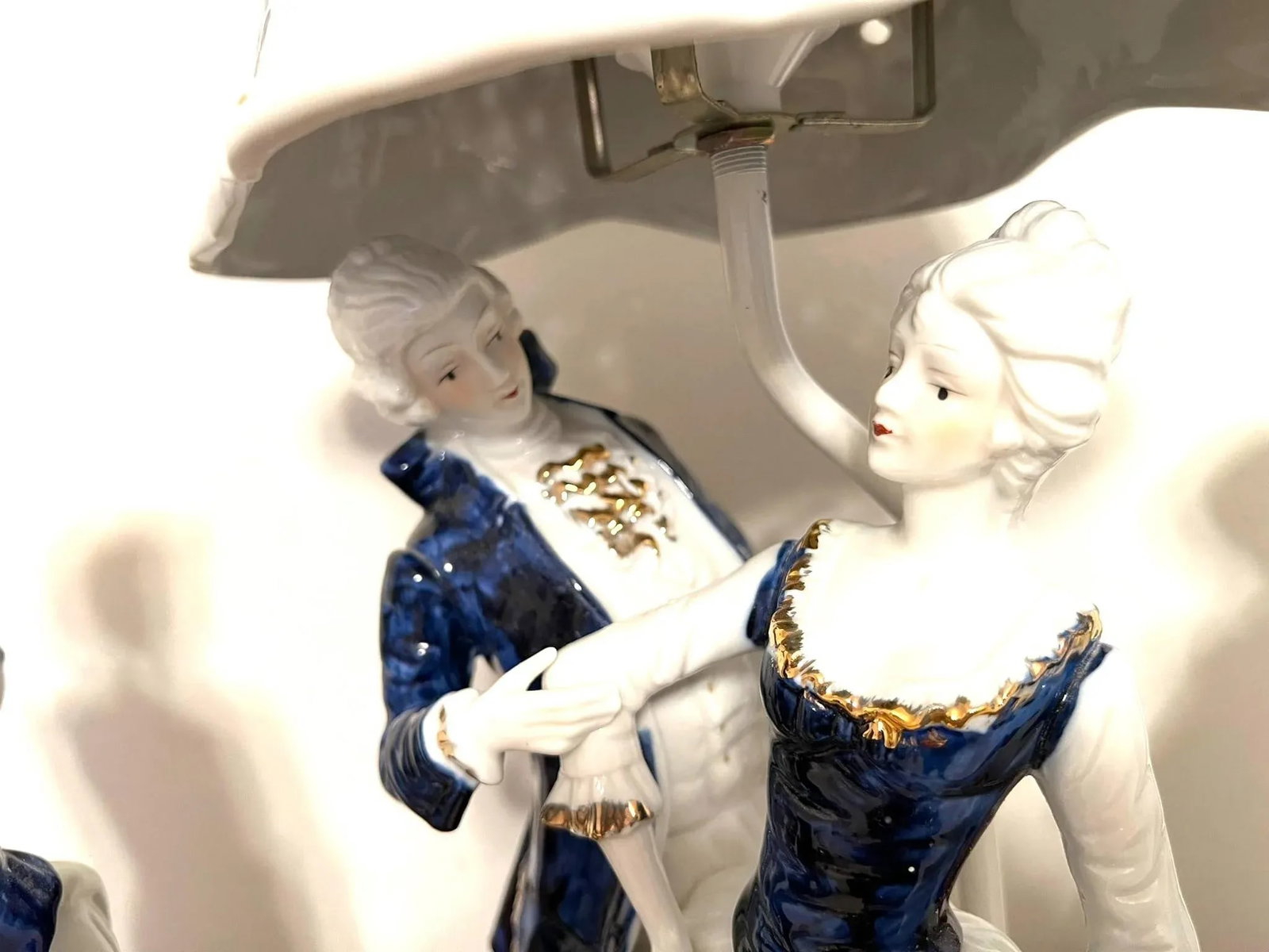 Vintage Blue and White Porcelain Figural Lamps With Side Figures - 3 Piece Set - 8