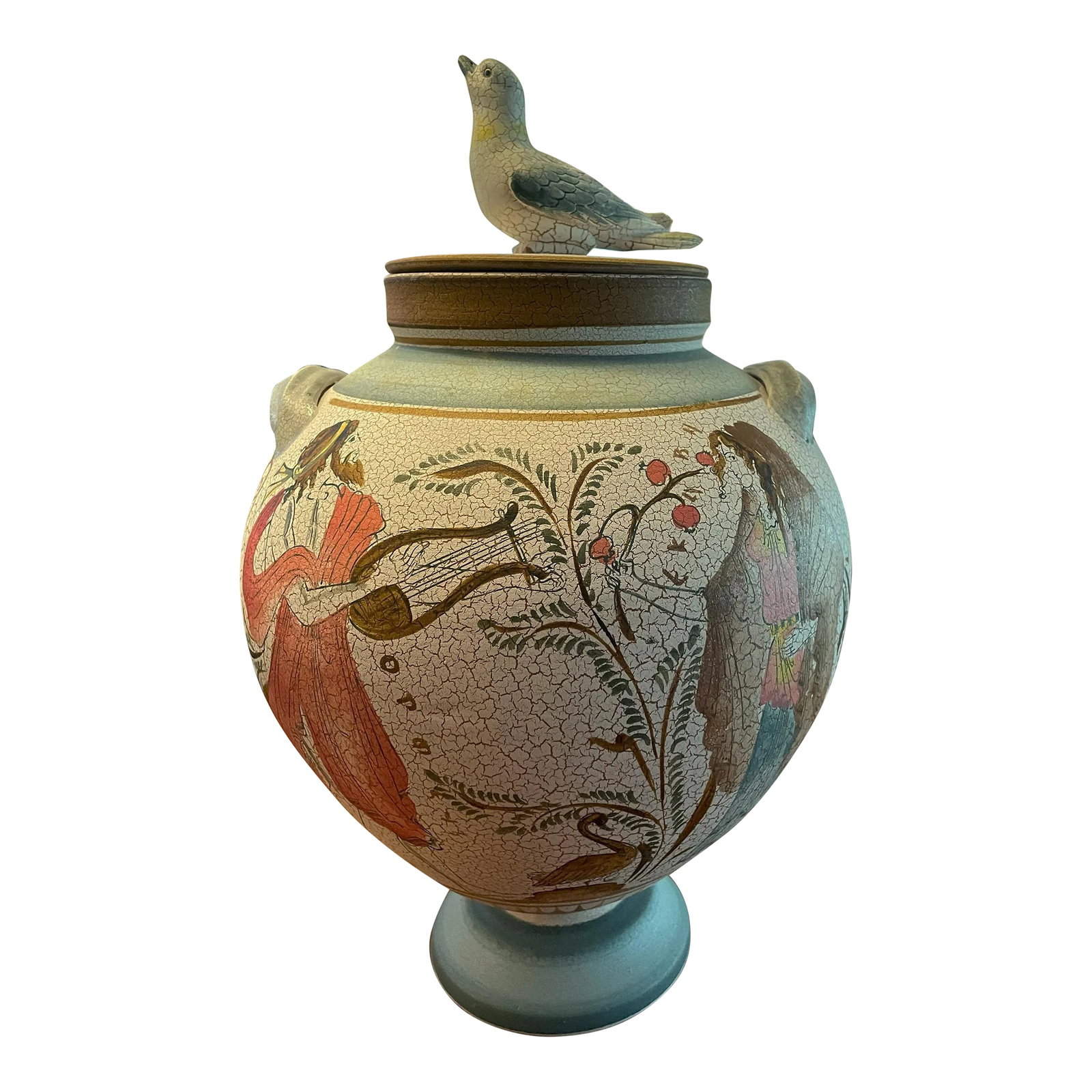 Vintage Reproduction of White Background Greek Vase Ampora and Lid With 3-D Dove on Top: This beautiful Vase (amphora) is handmade in Greece with a three-dimensional dove on top of the lid. Has two simulated handles (but are 3-D) at the top sides. The round bowl is elliptical tapers