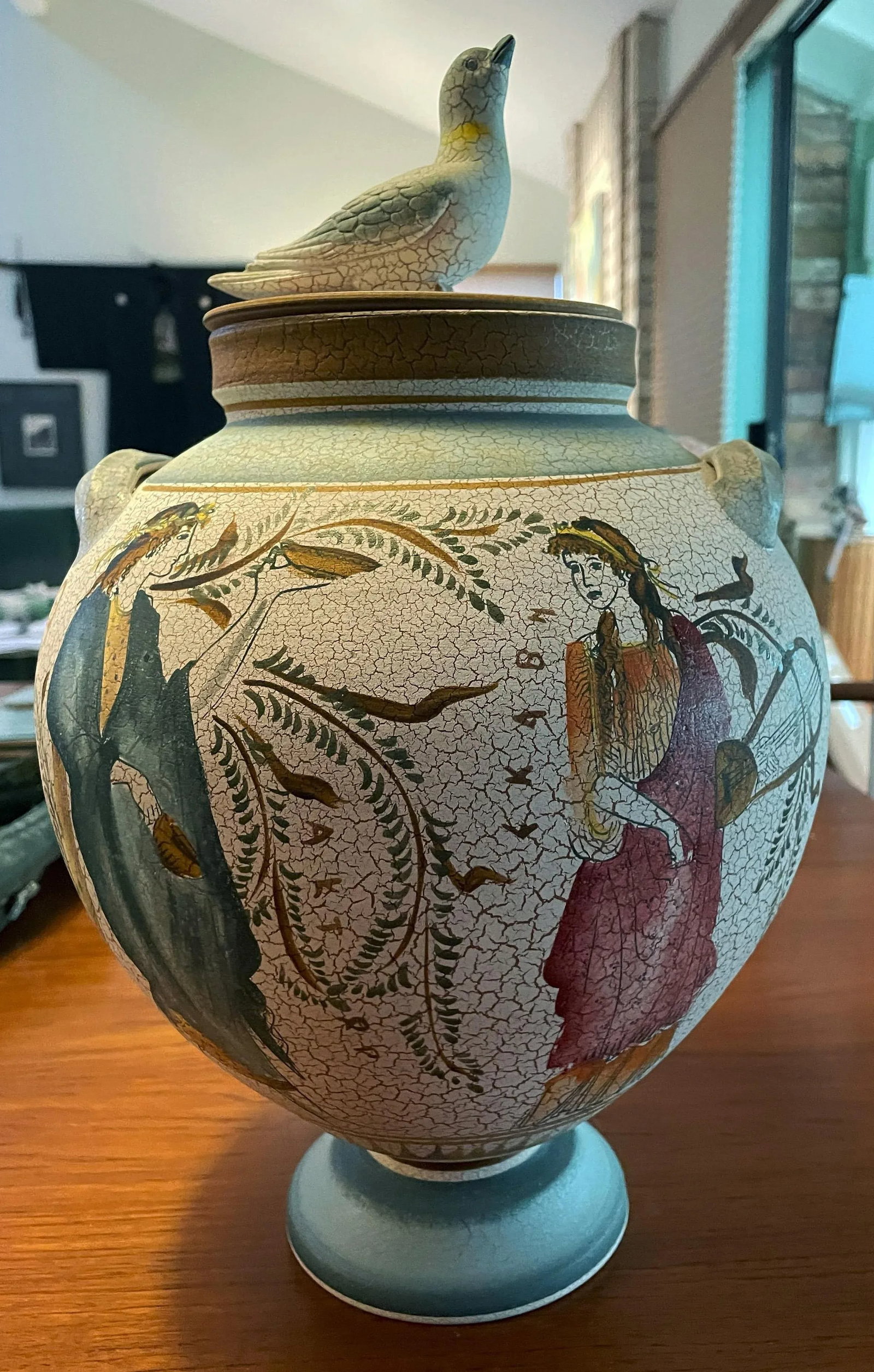 Vintage Reproduction of White Background Greek Vase Ampora and Lid With 3-D Dove on Top - 2
