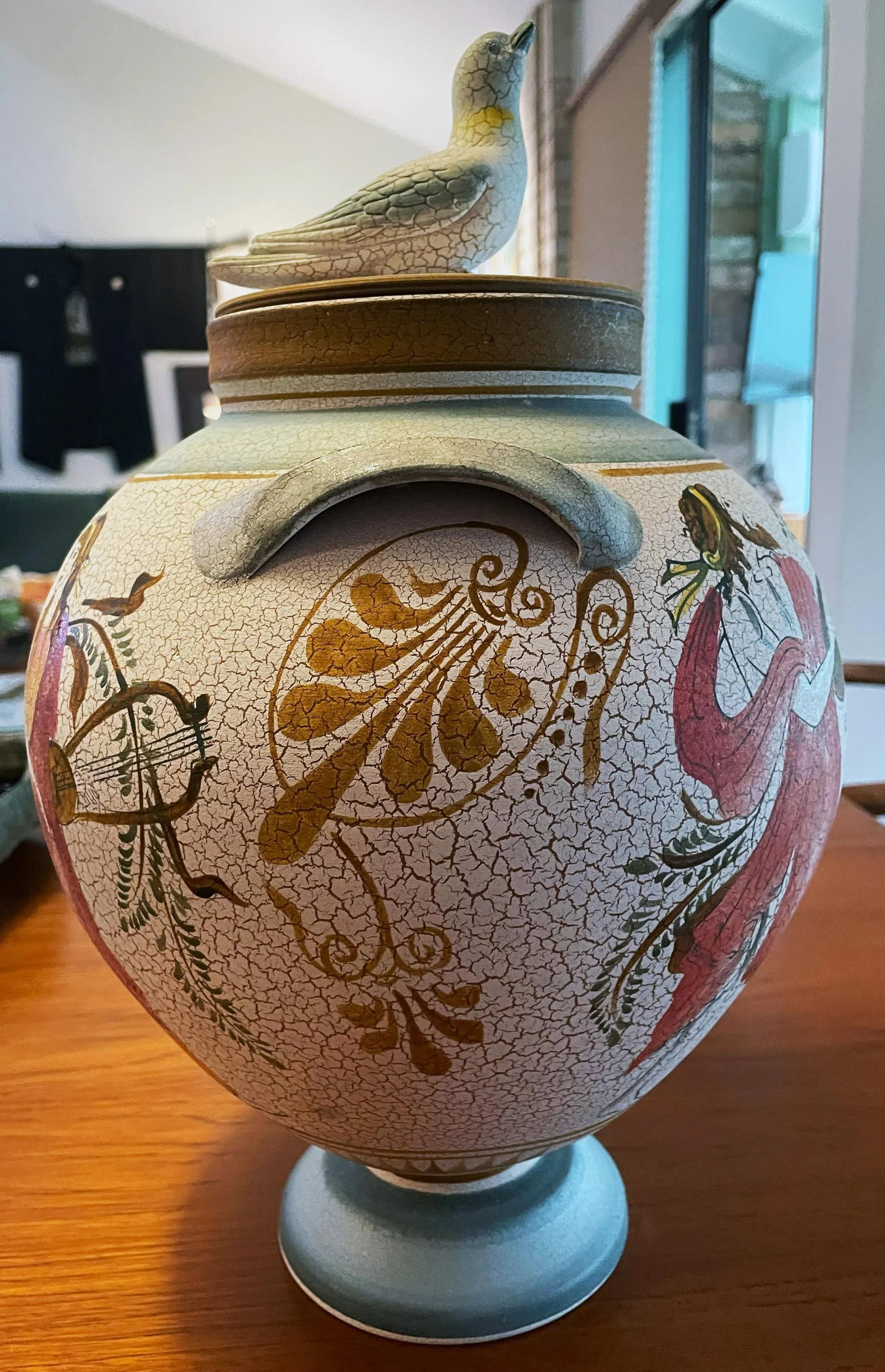 Vintage Reproduction of White Background Greek Vase Ampora and Lid With 3-D Dove on Top - 3