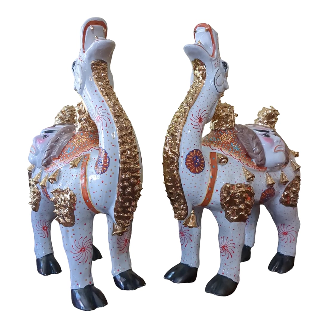 Vintage White and Gold Trim Tang Dynasty Style Camels, Mid-Century Decorative Bactrian Tomb Camels-: These mid-century decorative camels are ornate, beautifully stylized and painted and in excellent shape. Made circa 1960s in the Tang dynasty style, this is a unique and very eye-catching pair of