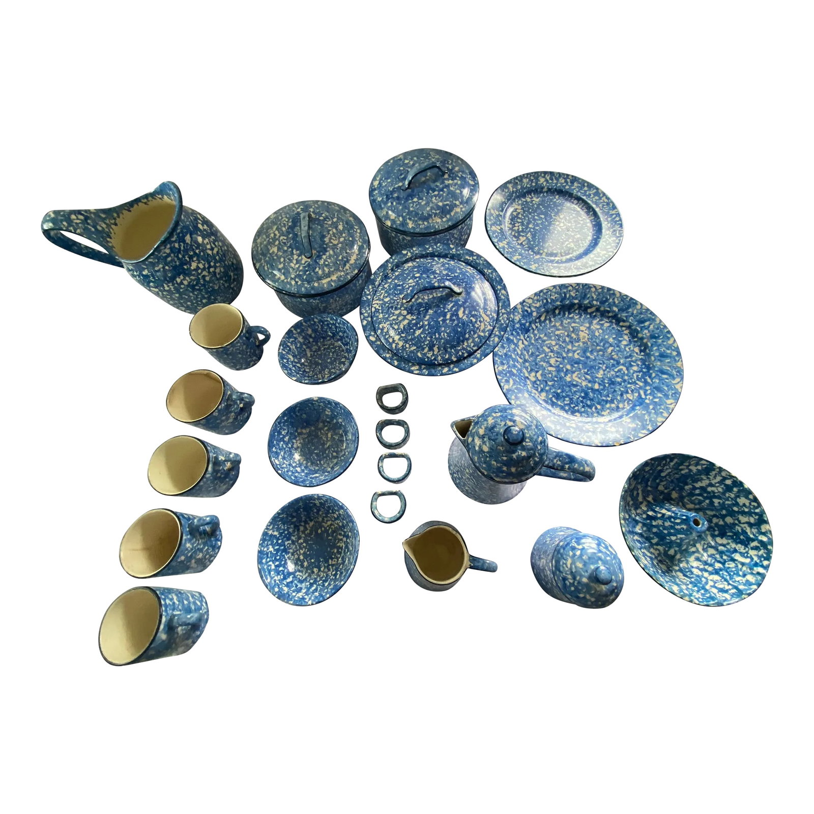1940s Vintage Blue Stangl Sponge-Ware Stamped "Town & Country" Pattern- 24 Pieces: Selection includes 5 cups, 1water pitcher, 1 rectangle casserole, 3 cereal bowls, 3 covered casserole , 1 mold, 1 collider, 4 napkin rings,1 coffee pot with lid, 1 Creamer & sugar, 1 dinner plate, 1 s