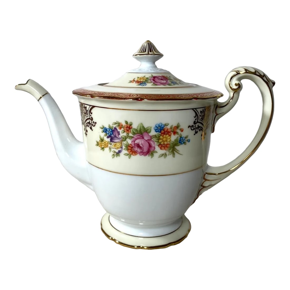 Vintage Noritake Floral Teapot & Lid - Red Bands, Filigree, Scalloped, Gold Trim: The Teapot and lid feature vibrant red bands, intricate gold filigree designs, scalloped edges and attractive flowers, accentuated with gold trim, adding a touch of sophistication and charm to your