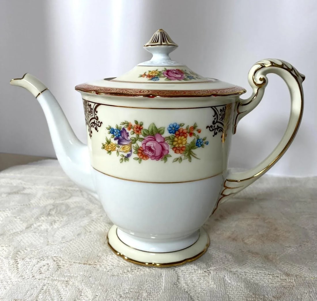 Vintage Noritake Floral Teapot & Lid - Red Bands, Filigree, Scalloped, Gold Trim - 2