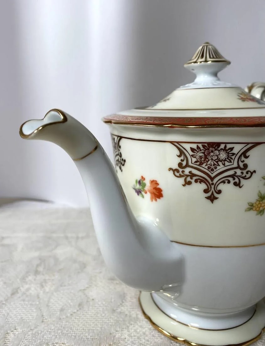 Vintage Noritake Floral Teapot & Lid - Red Bands, Filigree, Scalloped, Gold Trim - 3