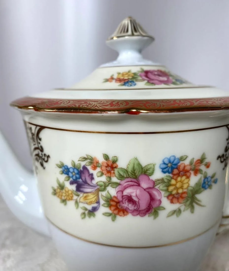 Vintage Noritake Floral Teapot & Lid - Red Bands, Filigree, Scalloped, Gold Trim - 4