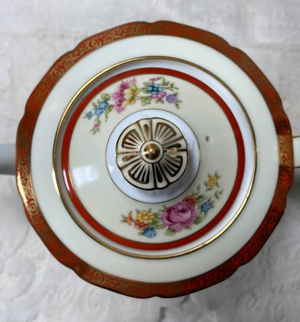 Vintage Noritake Floral Teapot & Lid - Red Bands, Filigree, Scalloped, Gold Trim - 5