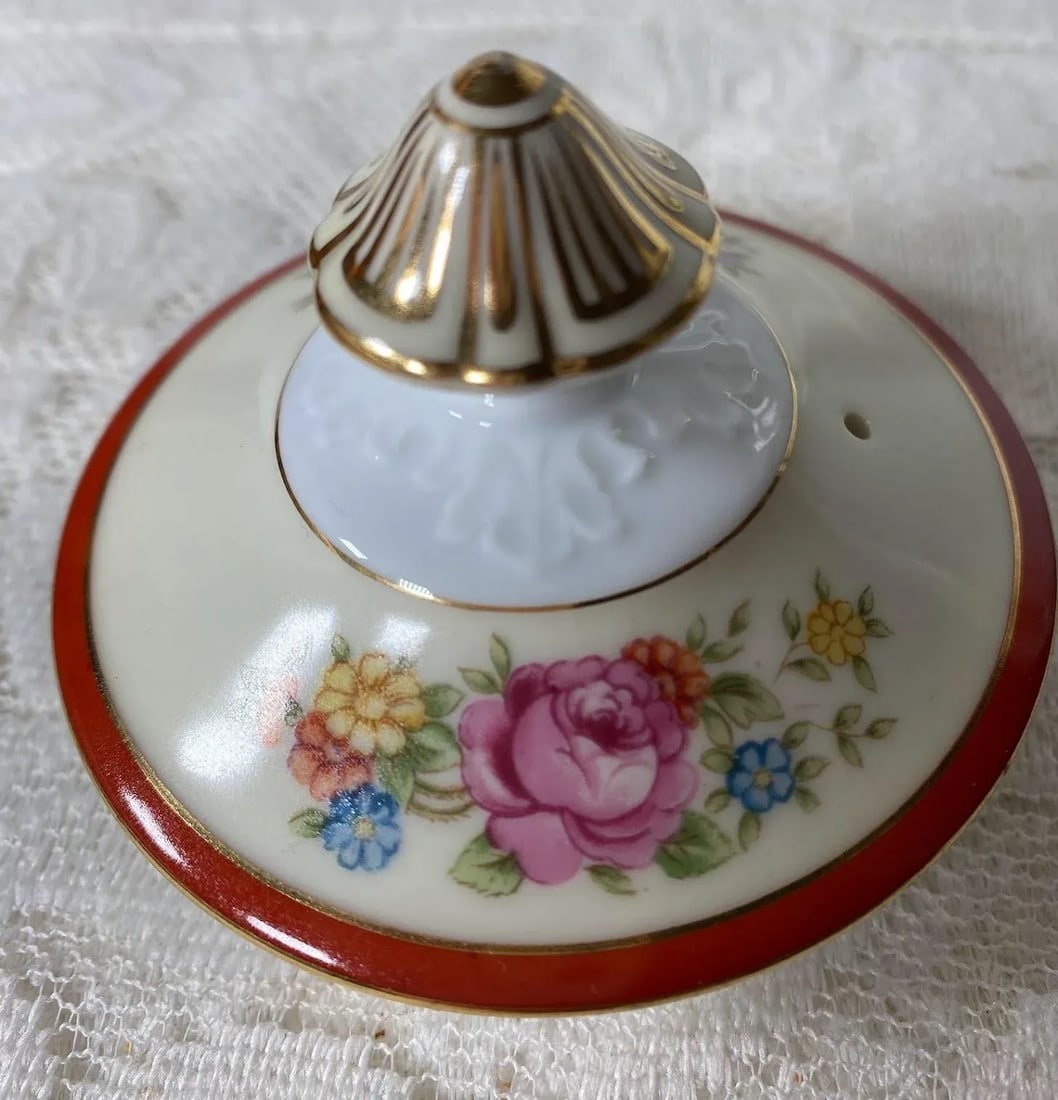 Vintage Noritake Floral Teapot & Lid - Red Bands, Filigree, Scalloped, Gold Trim - 6