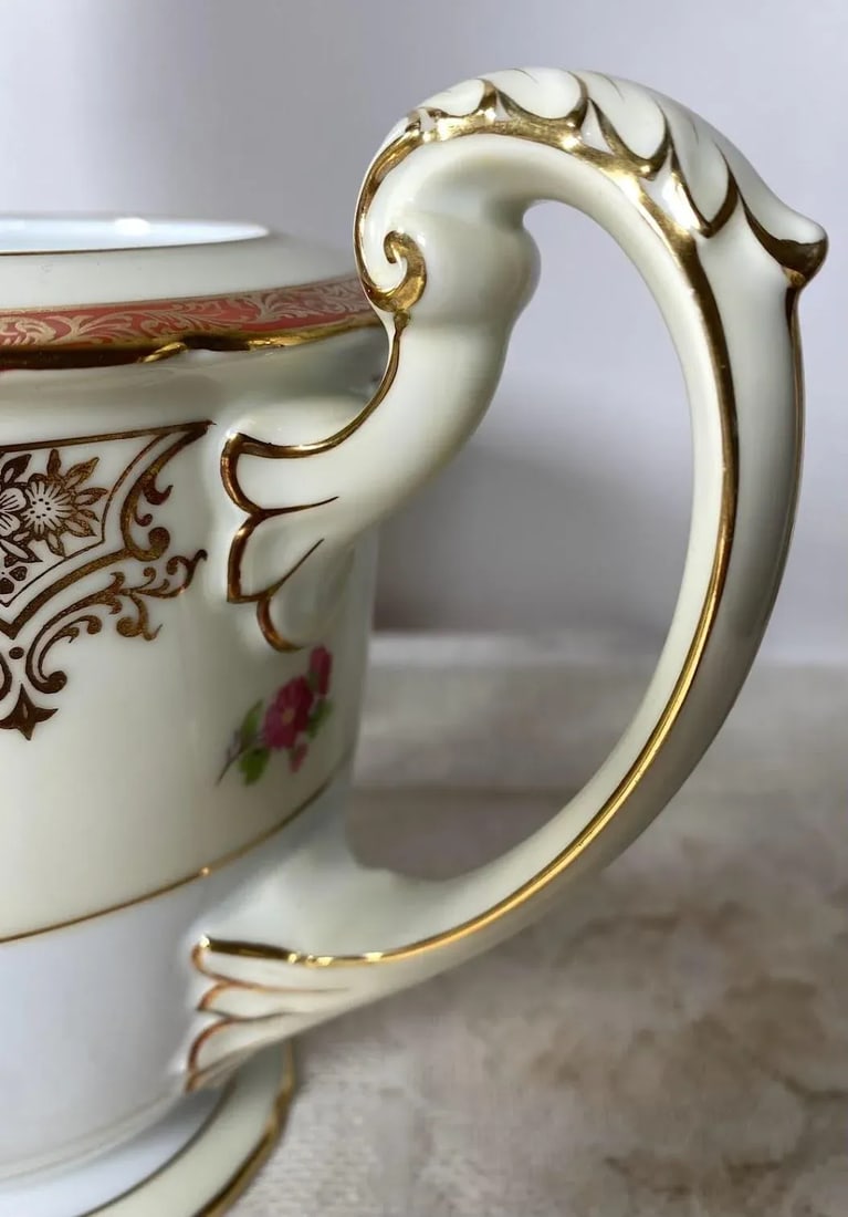 Vintage Noritake Floral Teapot & Lid - Red Bands, Filigree, Scalloped, Gold Trim - 7