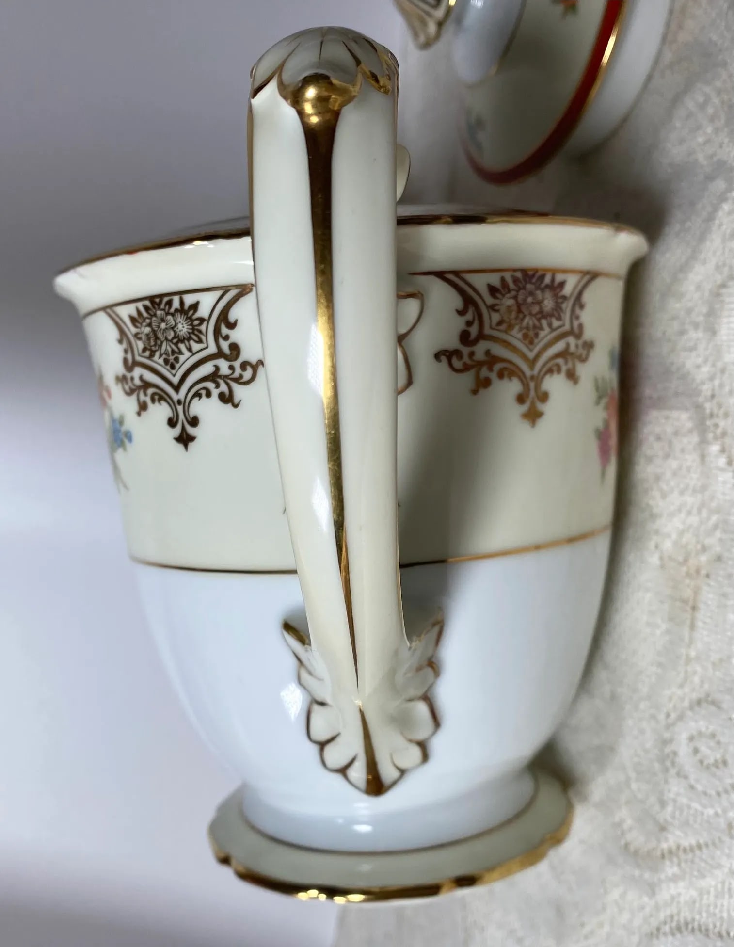 Vintage Noritake Floral Teapot & Lid - Red Bands, Filigree, Scalloped, Gold Trim - 8