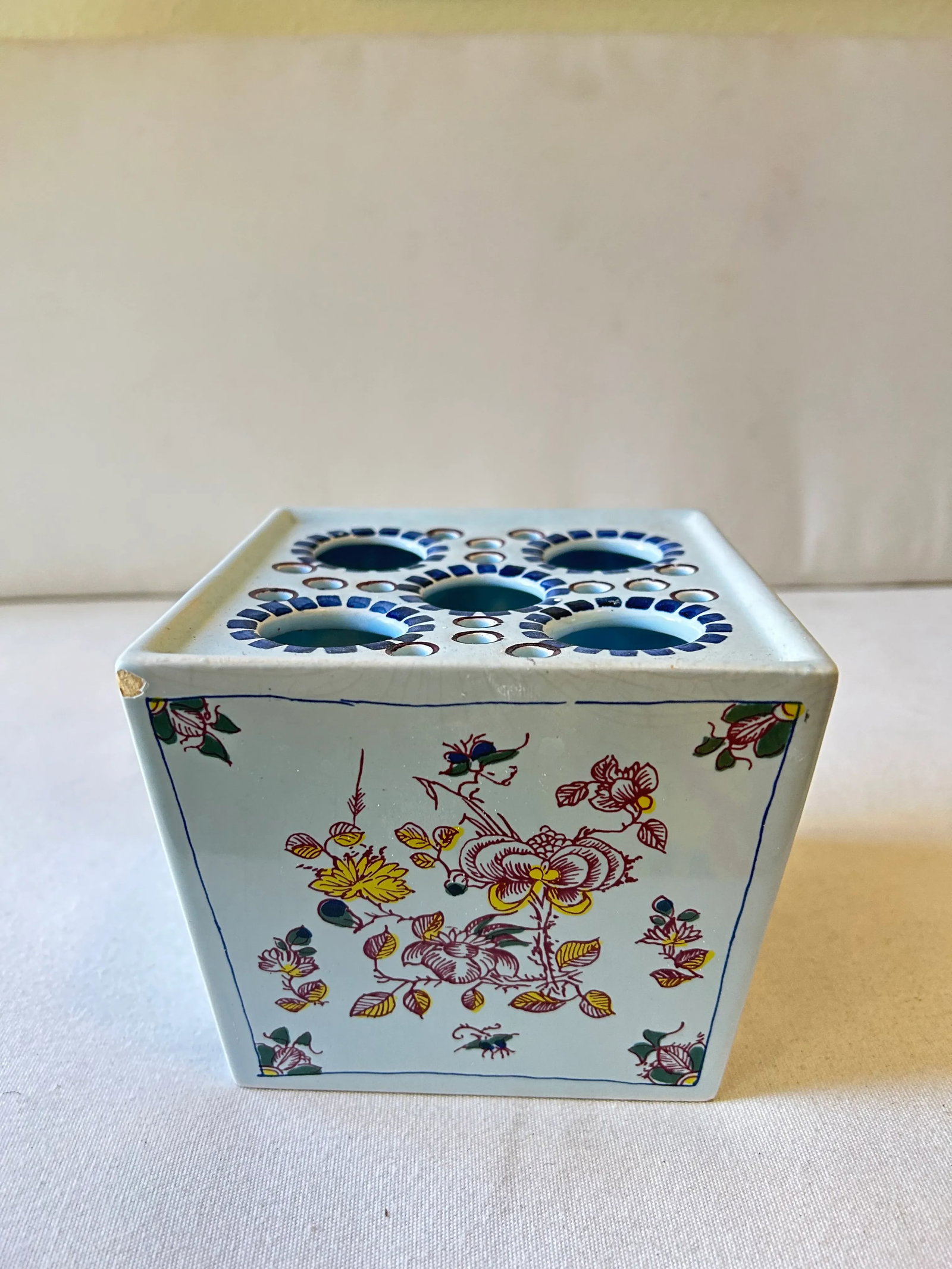 Vintage Polychrome Delft Floral Frog Vase - 10