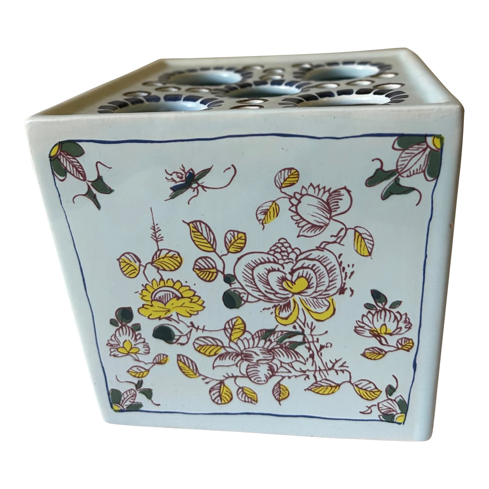 Vintage Polychrome Delft Floral Frog Vase: Delft for the perfect floral arrangement! This beautiful polychrome frog vase From Delft, the Dutch masters of ceramic decor, has pink and yellow floral artwork on all four sides and has five holes