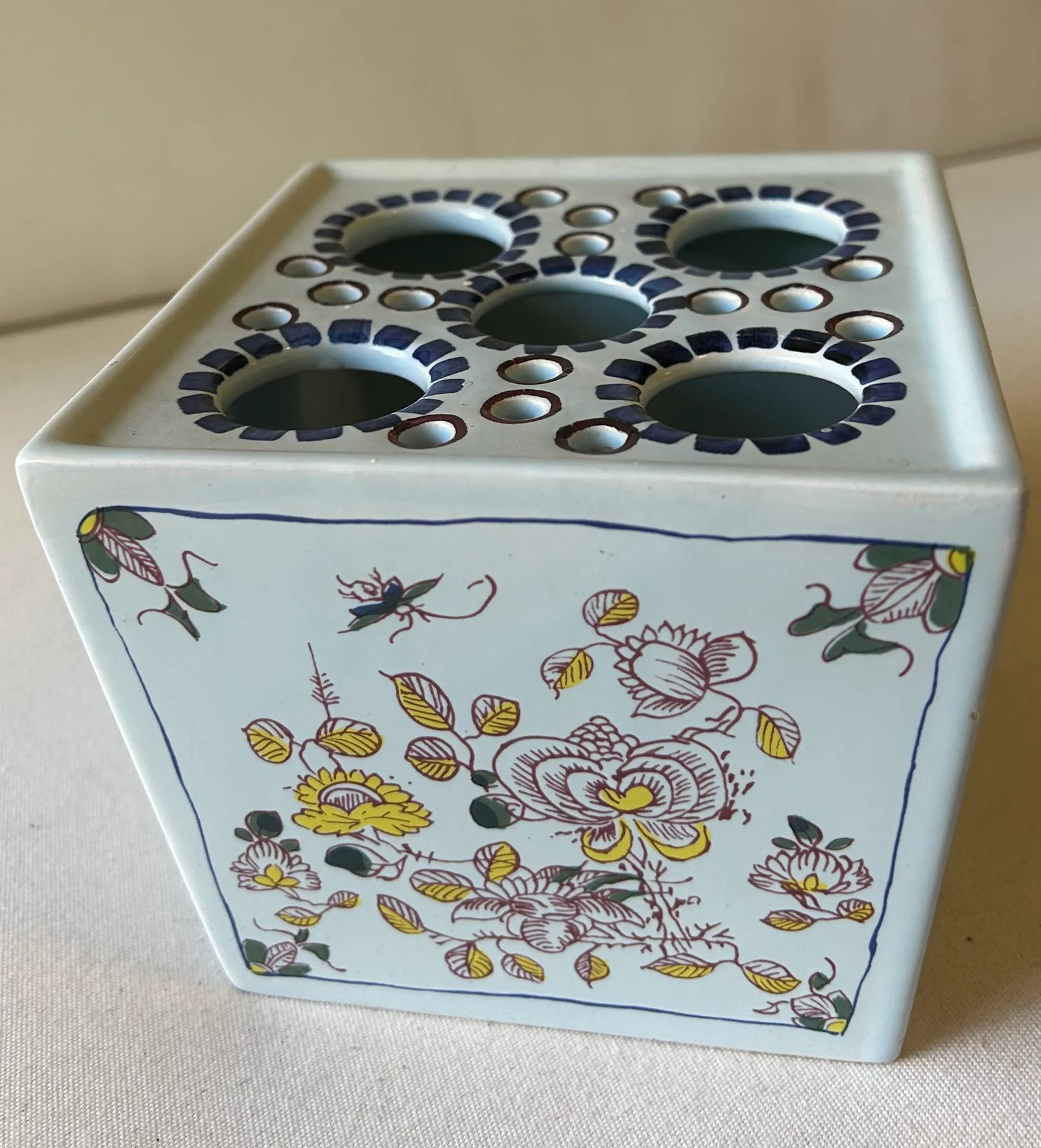 Vintage Polychrome Delft Floral Frog Vase - 2