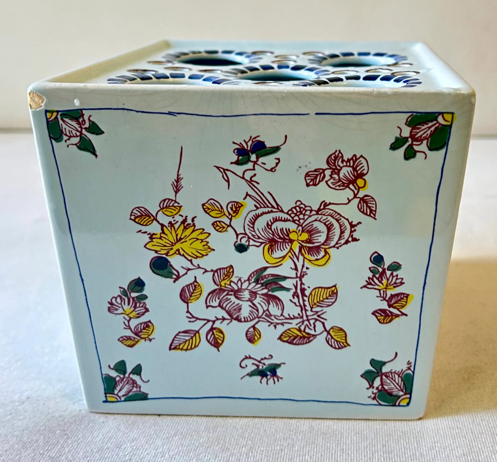 Vintage Polychrome Delft Floral Frog Vase - 9