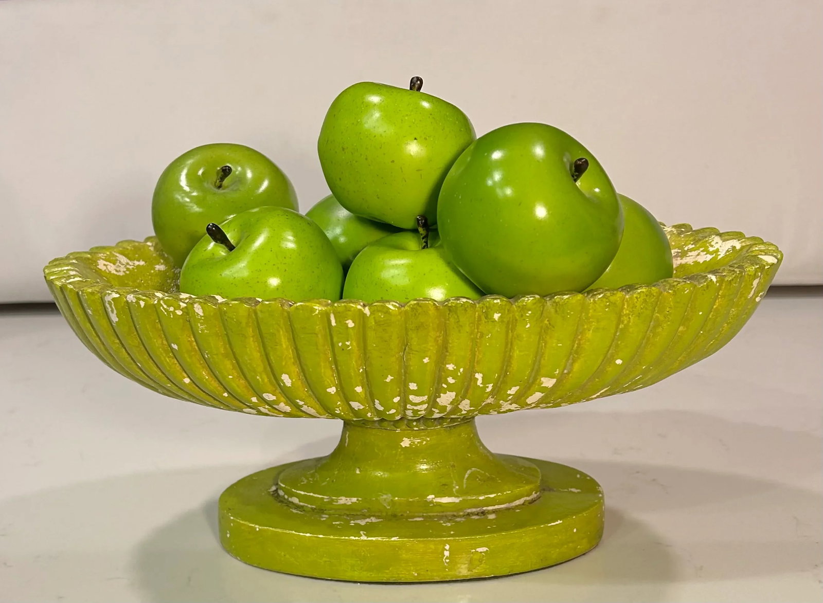 Vintage Hollywood Regency Plaster Pedestal Bowl by Milano With Green Apples-Set of 9 - 10