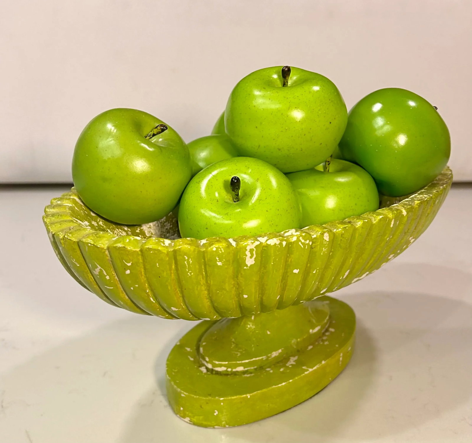 Vintage Hollywood Regency Plaster Pedestal Bowl by Milano With Green Apples-Set of 9 - 11