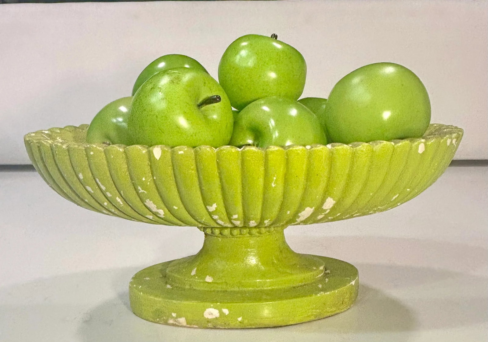 Vintage Hollywood Regency Plaster Pedestal Bowl by Milano With Green Apples-Set of 9 - 2