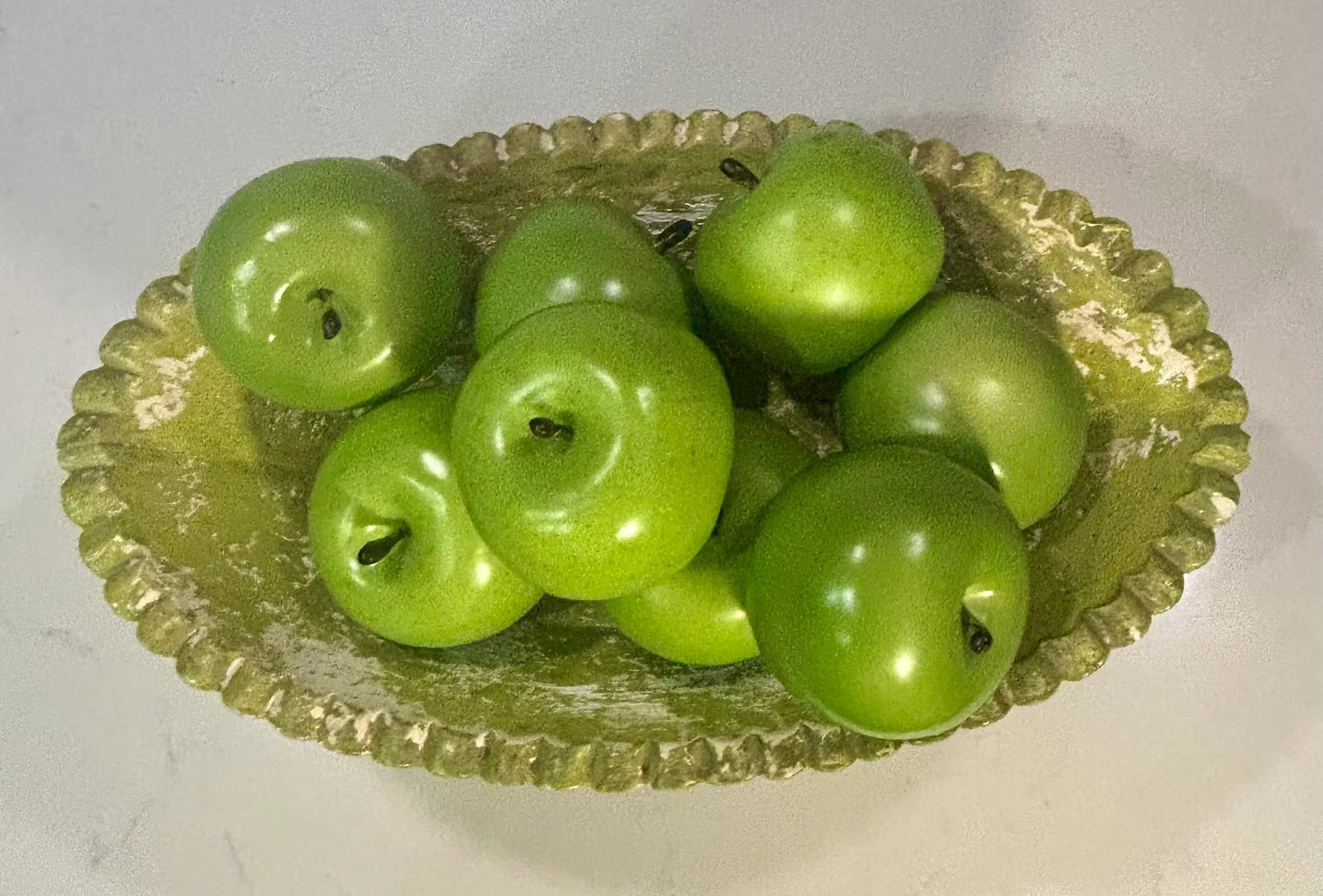 Vintage Hollywood Regency Plaster Pedestal Bowl by Milano With Green Apples-Set of 9 - 5