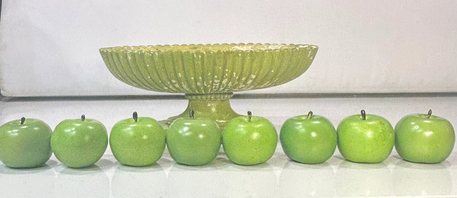 Vintage Hollywood Regency Plaster Pedestal Bowl by Milano With Green Apples-Set of 9 - 6