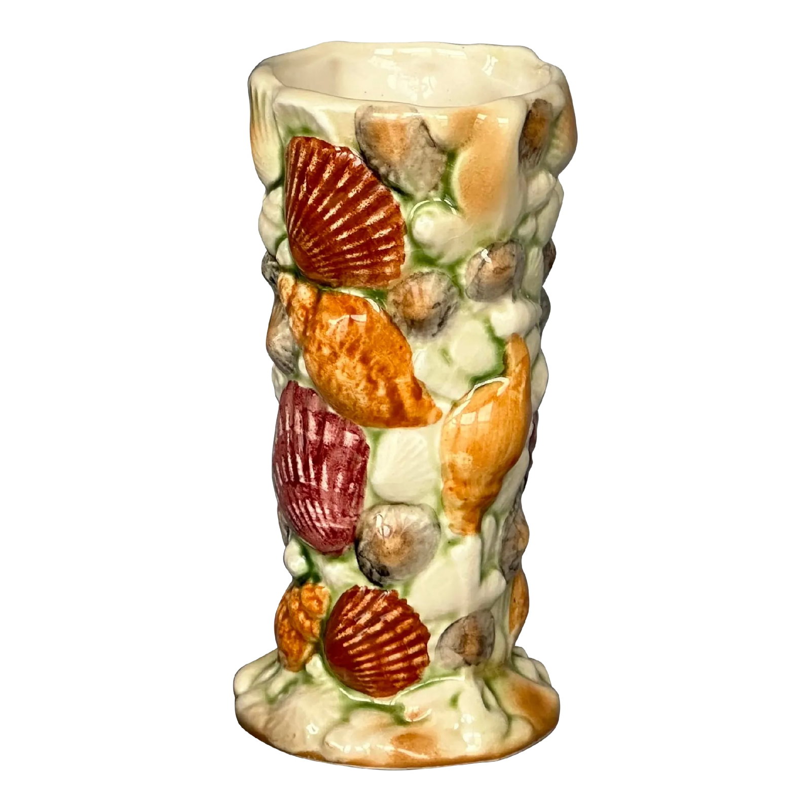 English Art Pottery Seashell Vase: Display this vintage ceramic seashell vase as decor on a shelf in a beach house or coastal inspired room. Made in England, the small British art pottery sea shell vase is a lovely decorative vase. In
