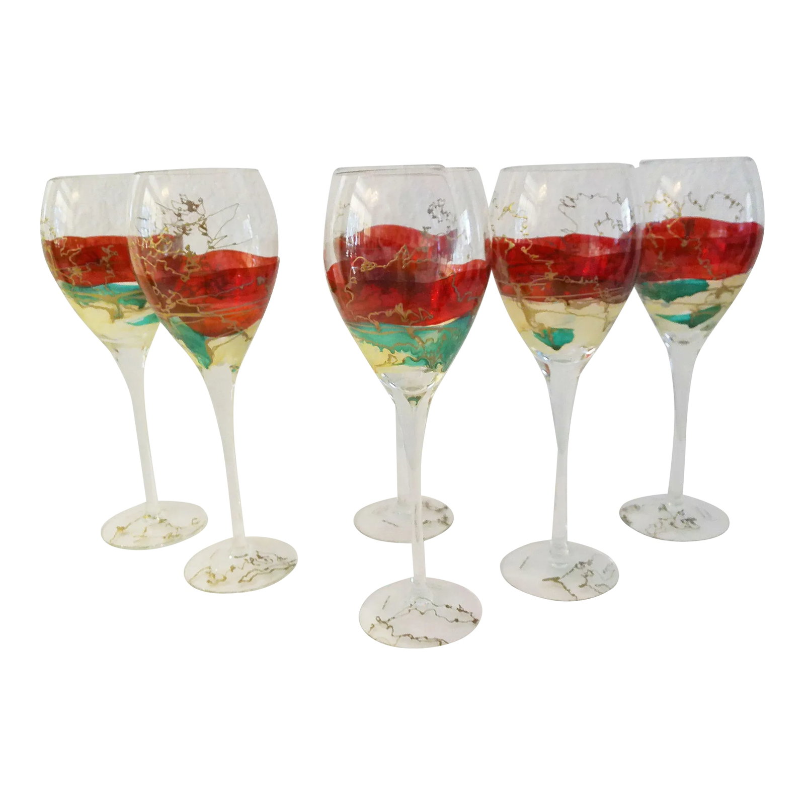 Vintage Romanian Hand-Blown Art Glass Wine Glasses, Set of 6: Beautiful set of six vintage Romanian hand-blown, art glass, wine glasses featuring clear long stems with hand-painted bowls in shades of red, pale yellow, green and gold with gold accents at base.