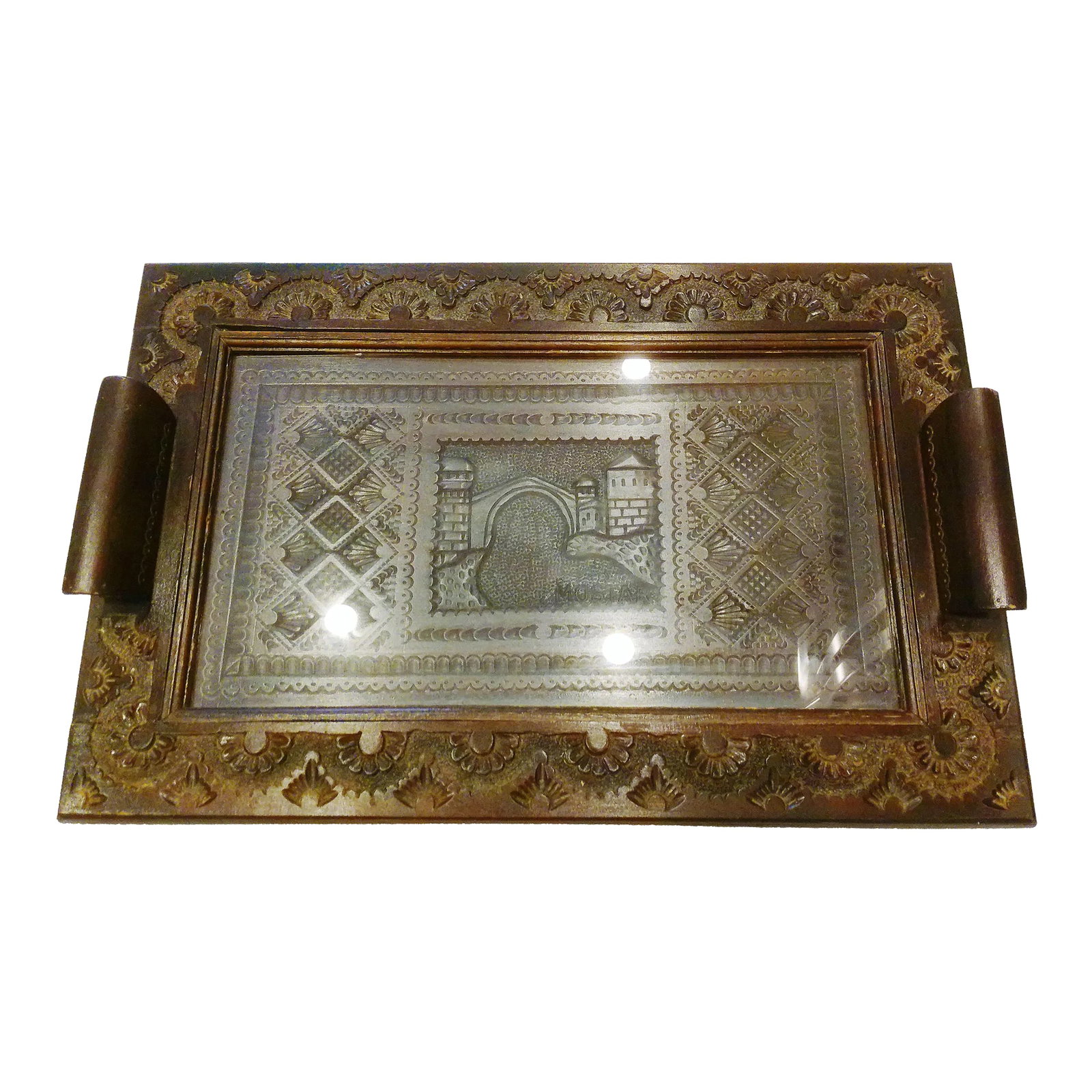 Vintage Artisinal Konjic Wood & Glass Old Mostar Bridge Tray: Beautiful, double handle, hand-carved dark-wood tray of the old Mostar Bridge located in Bosnia, Herzegovina. The bridge spans the Neretva River in the old town of Mostar, the unofficial capital of