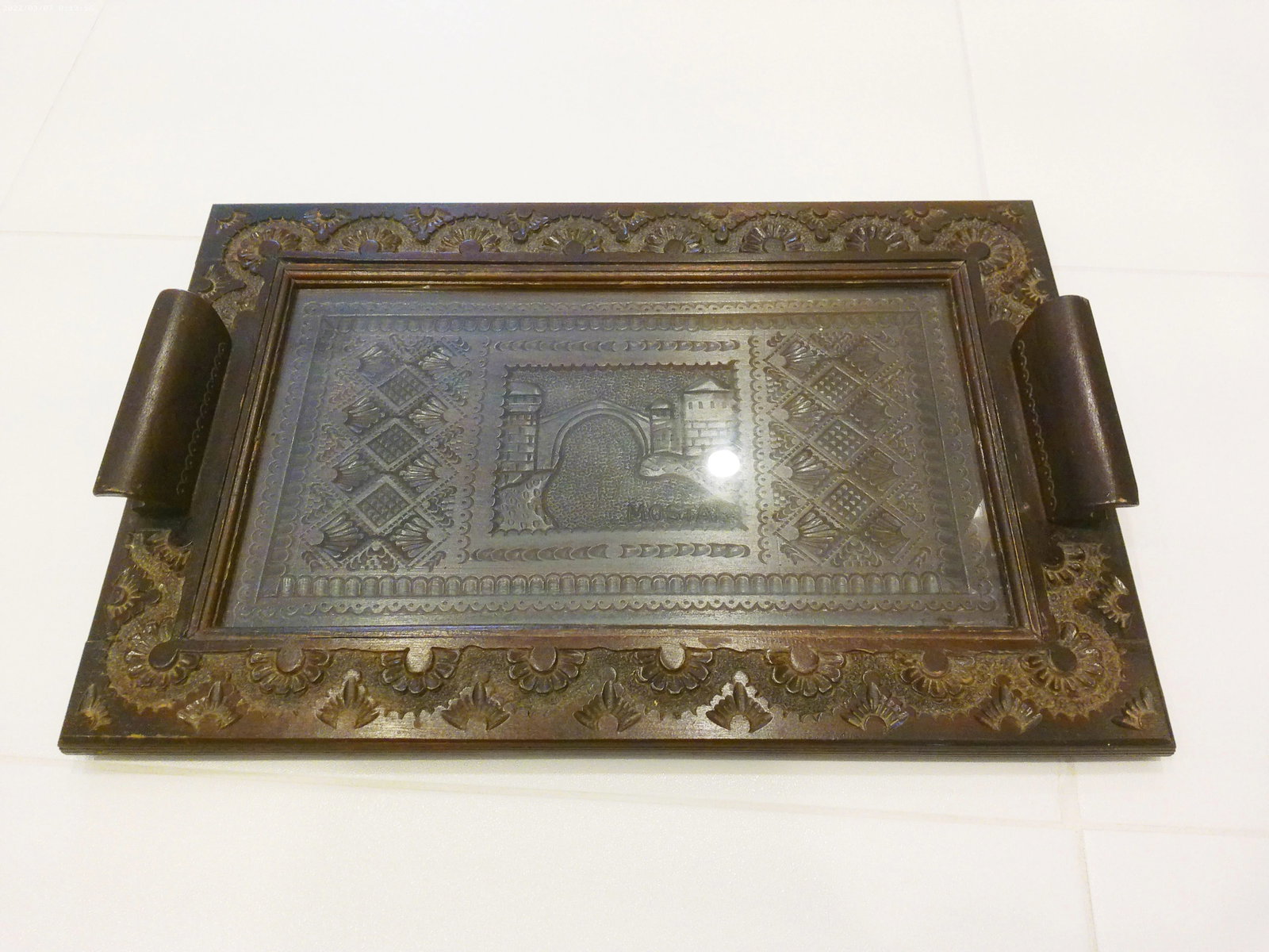 Vintage Artisinal Konjic Wood & Glass Old Mostar Bridge Tray - 2