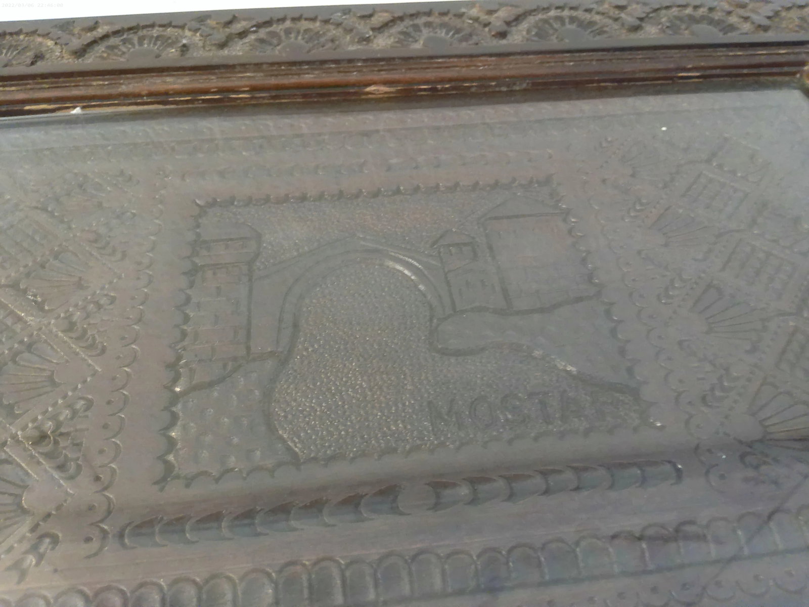 Vintage Artisinal Konjic Wood & Glass Old Mostar Bridge Tray - 5