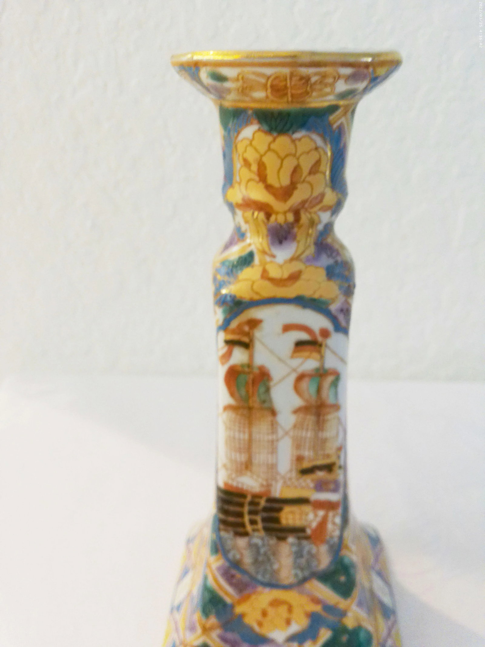 Vintage Chinese Botanical Ship Porcelain Candle Holders, a Pair - 3