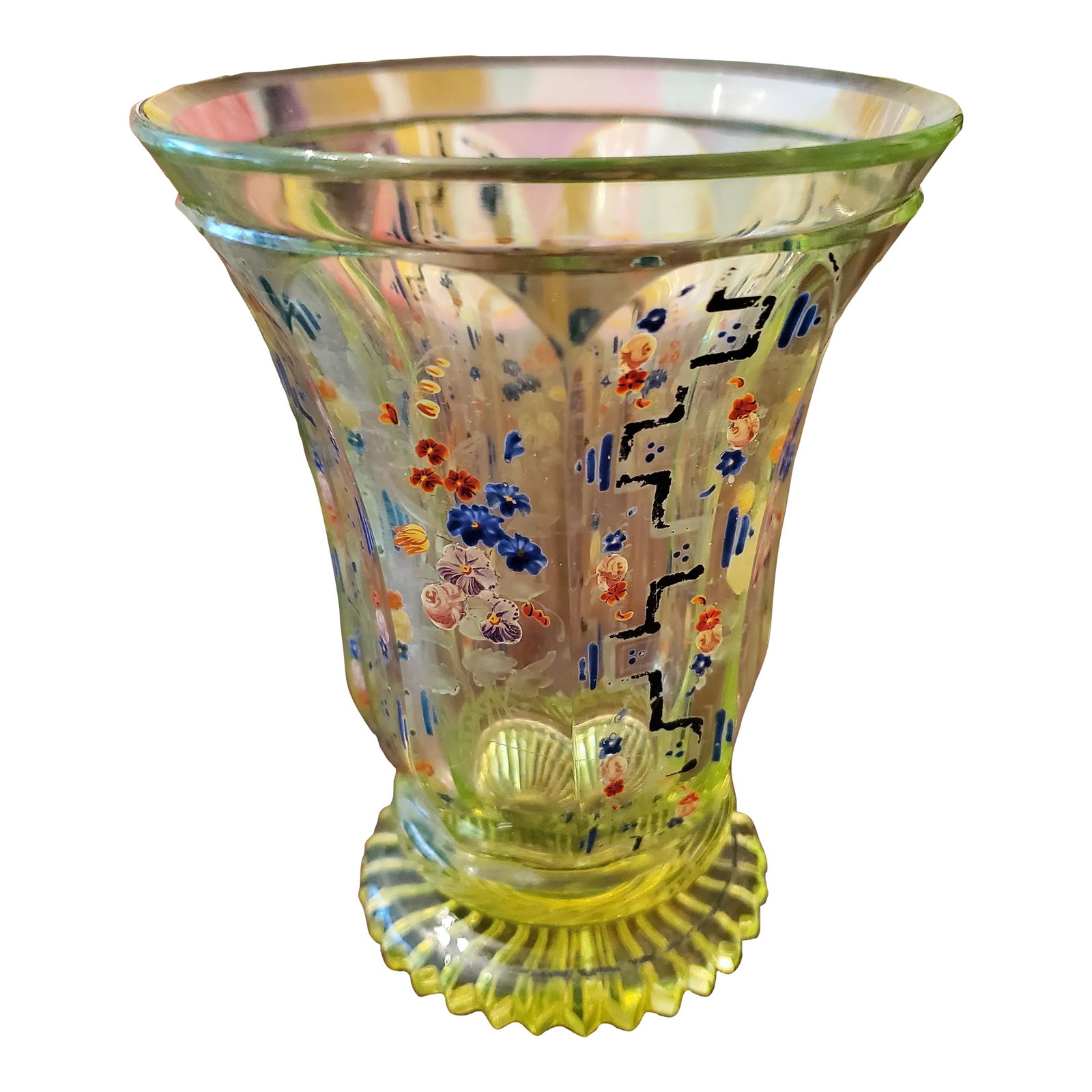 Antique Museum Bohemian Glass Spa Glass: Antique original bohemian glass goblet spa glass of the highest quality. Absolutely pristine and immaculate with raised enamel decoration. A brilliant clean green crystal most rare ( it was the hardes