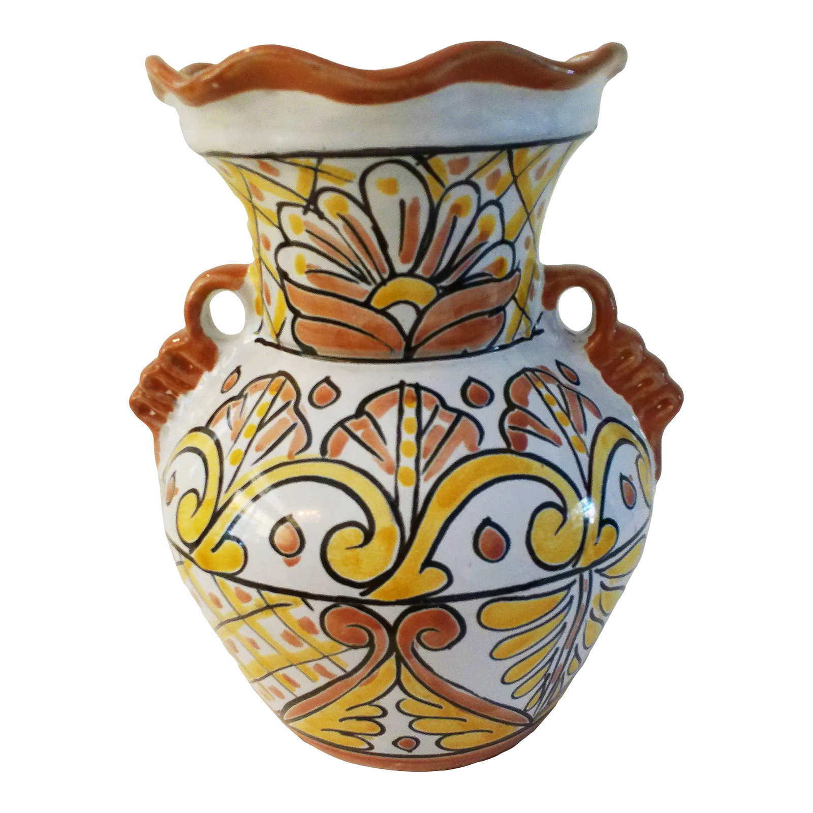 Large Vintage Mexican Talavera Pottery Vase: Generous size Mexican Talavera pottery vase in earthtone shades of tan, black, goldenrod and white. Double handle vase is hand-painted in an all-over ornate design. Marked underside "Mexico." (*Note: