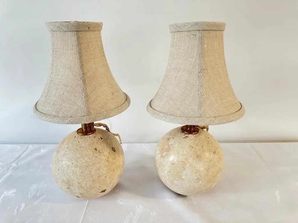 Travertine Ball Table Lamps - a Pair - 2