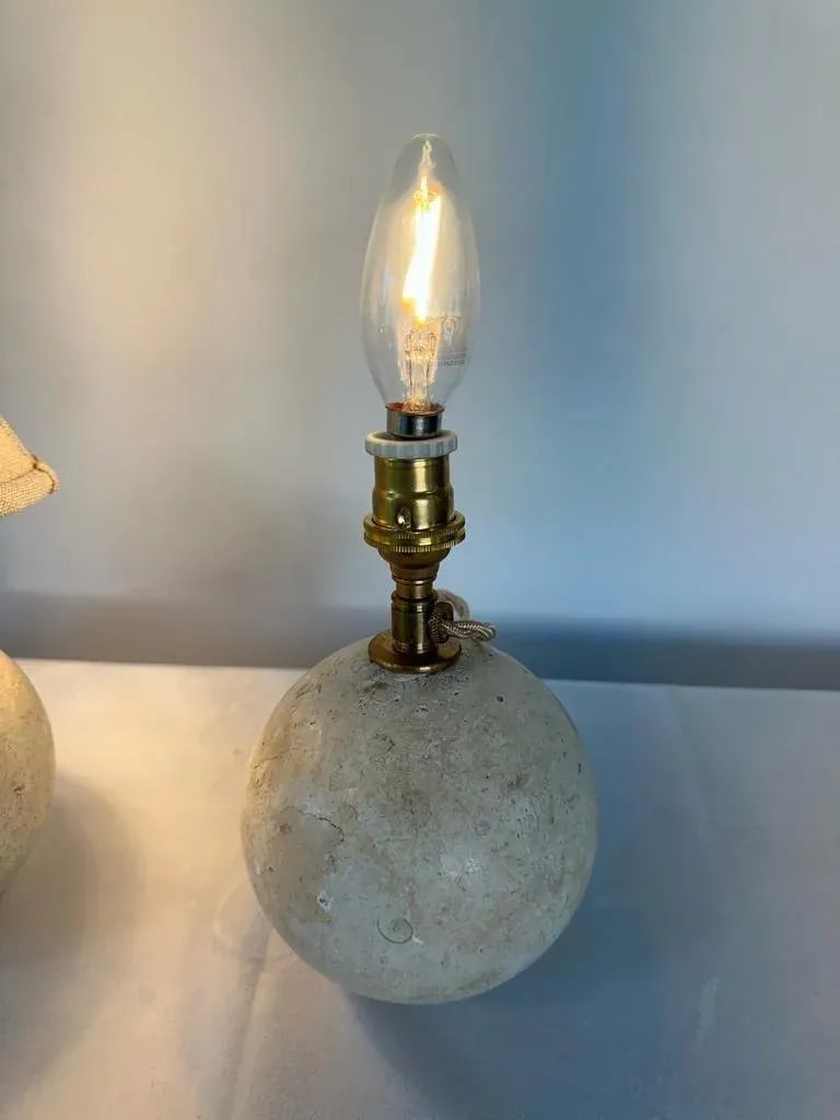 Travertine Ball Table Lamps - a Pair - 3