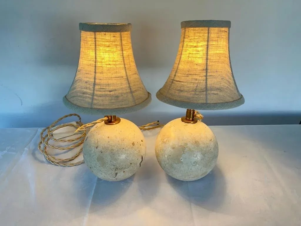 Travertine Ball Table Lamps - a Pair - 4