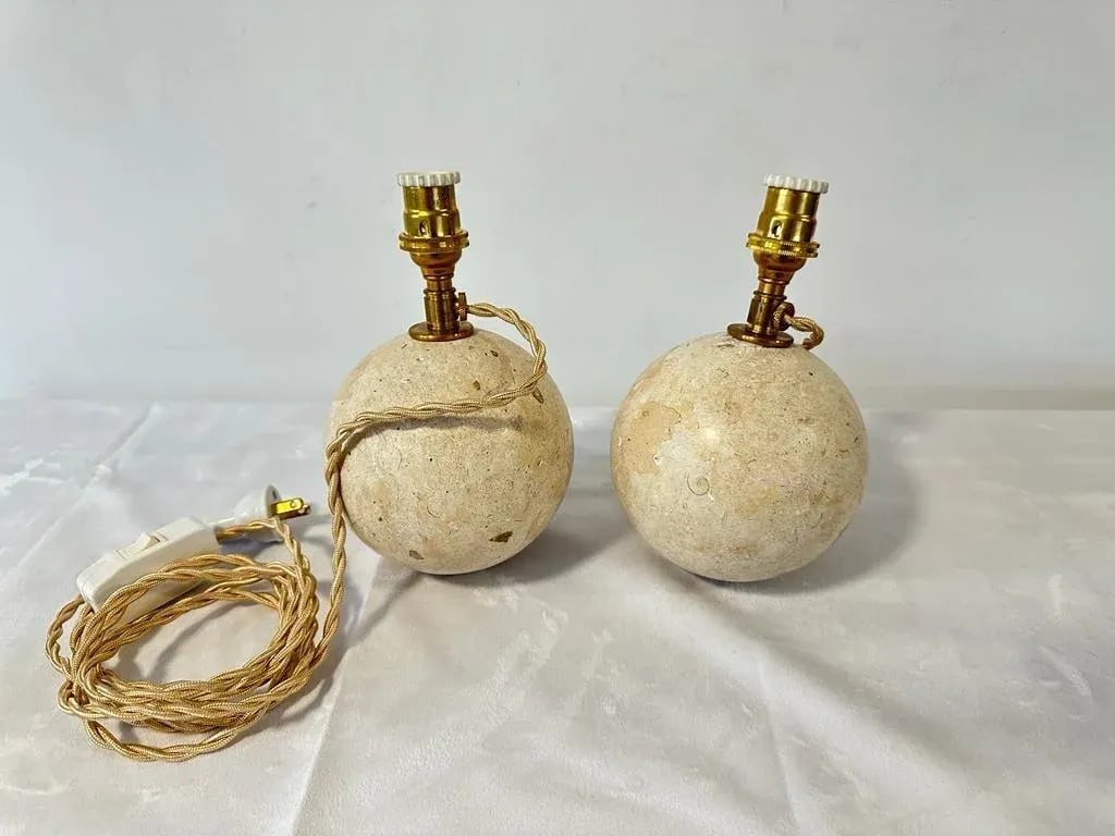 Travertine Ball Table Lamps - a Pair - 5