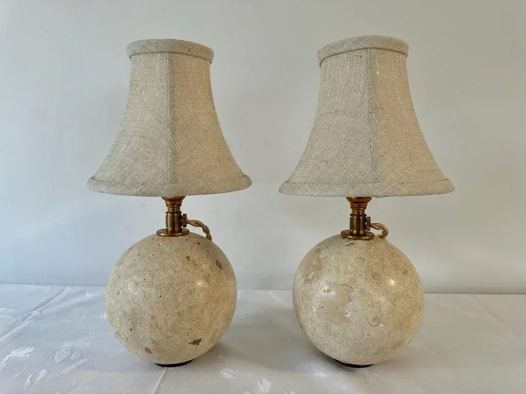 Travertine Ball Table Lamps - a Pair - 7