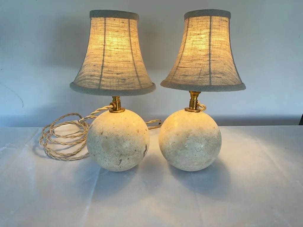 Travertine Ball Table Lamps - a Pair - 9