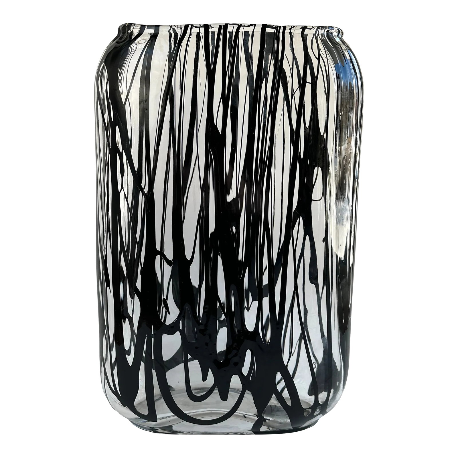Handblown Murano Glass Vase With Black Expressionistic Detailing: This modernist vase was produced in Murano, Italy- circa 1950. It features an oval body with a slight shoulder and was crafted from translucent Murano glass. It has dramatic splashes of black,