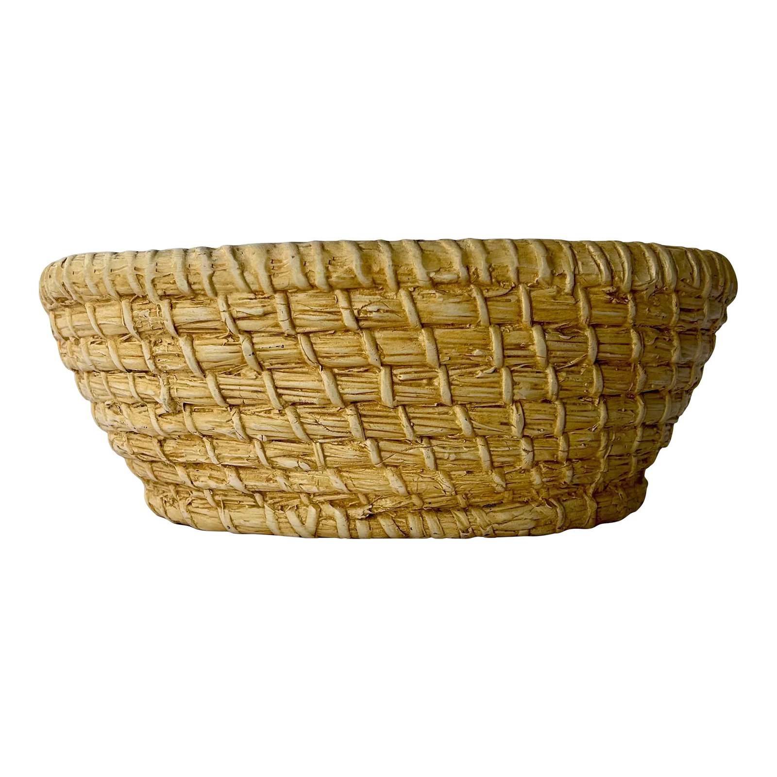 Late 20th Century Italian Trompe'-L'oeil Woven Seagrass Ceramic Planter: Exquisite large vintage Italian art pottery planter/bowl. Oval shape with tapered base; glazed in beige and terra cotta with dimensional "carving" to resemble a whipstitch woven seagrass basket. The a