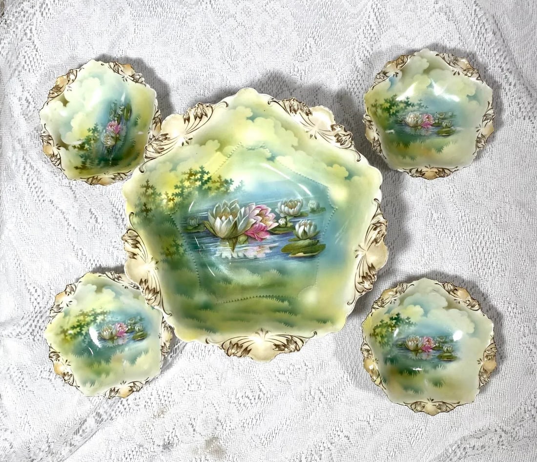 Antique r.s Prussia Bowls - Set of 5, Pink & White Water Lily, Gold Scalloped Edge, Gold Trim - 2