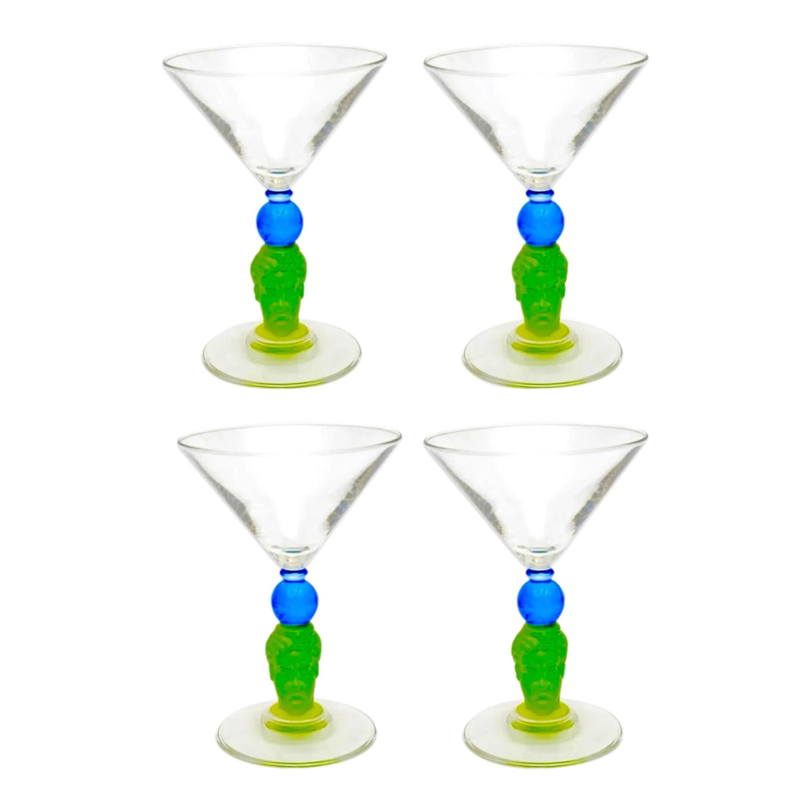 1990s Richard Jolley Signed Martini Glasses- Set of 4: This set of four marti glasses and each signed on the base "Richard Jolley 1996." They are a unique set with a green human head and blue world globe holding the cup of the clear glass. Condition: