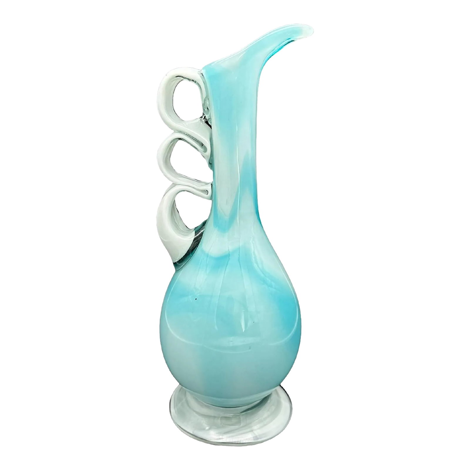 Vintage Empoli Cased Blue & White Glass Art Pitcher: This vintage Empoli glass art pitcher is a stunning addition to any collection. The shape and the abstract triple handle make it a beautiful decorative piece for any home. The blue and white cased gla