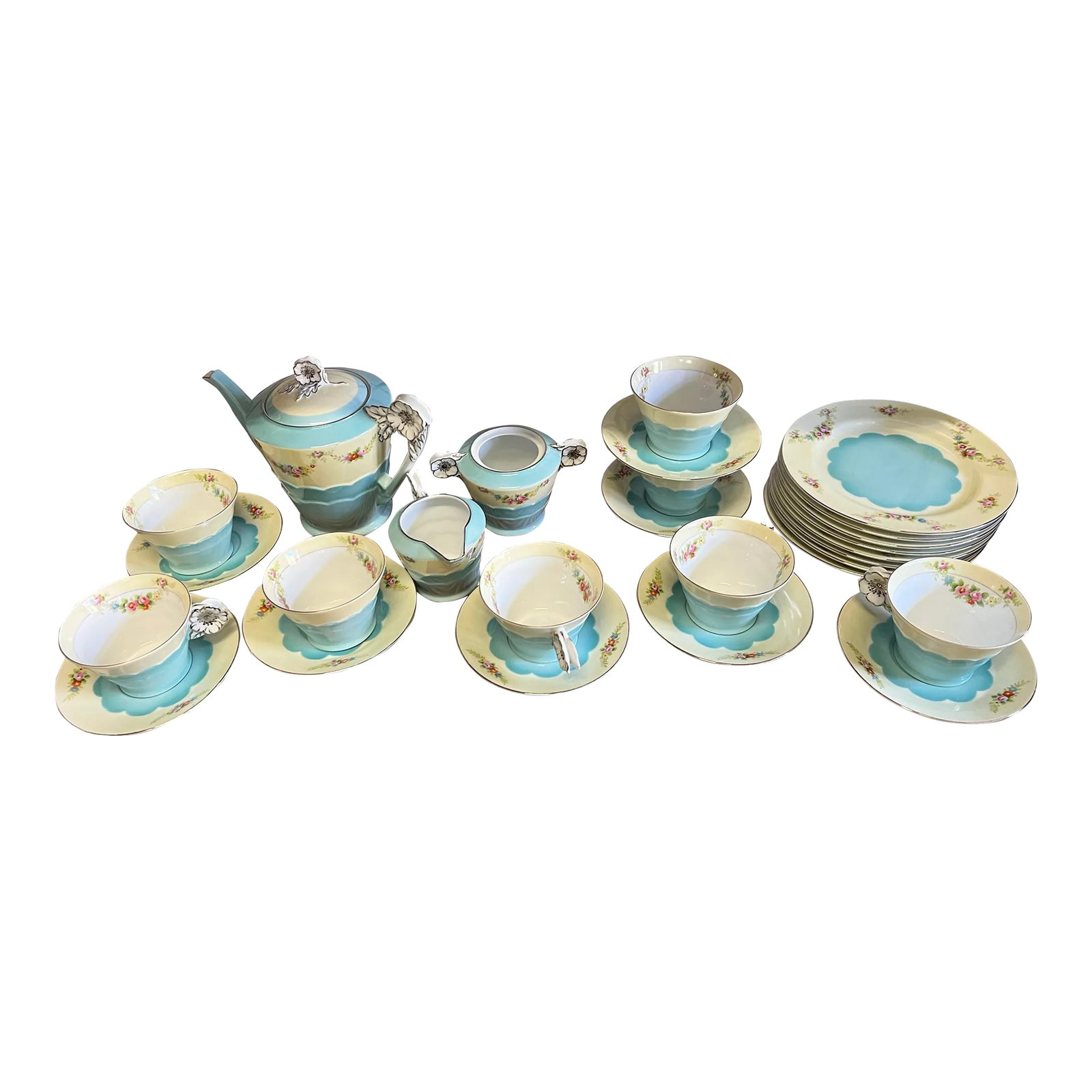 1920s Floral & Turquoise Noritake Dessert /Tea Set - 27 Pieces: A beautiful set made in Japan by Noritake. It features a lovely small flower handle in white and silver and a scalloped shade of turquoise blue. Trimmed in Small pink flowers and silver or platinum.