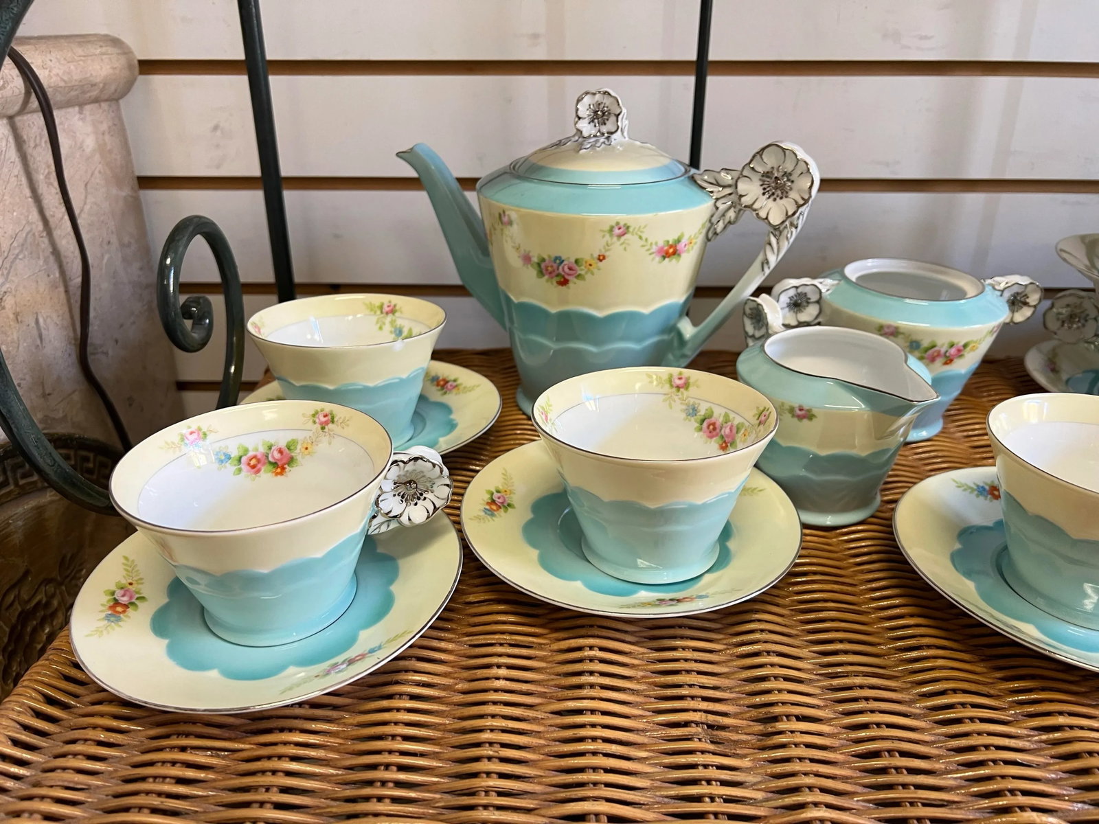 1920s Floral & Turquoise Noritake Dessert /Tea Set - 27 Pieces - 2