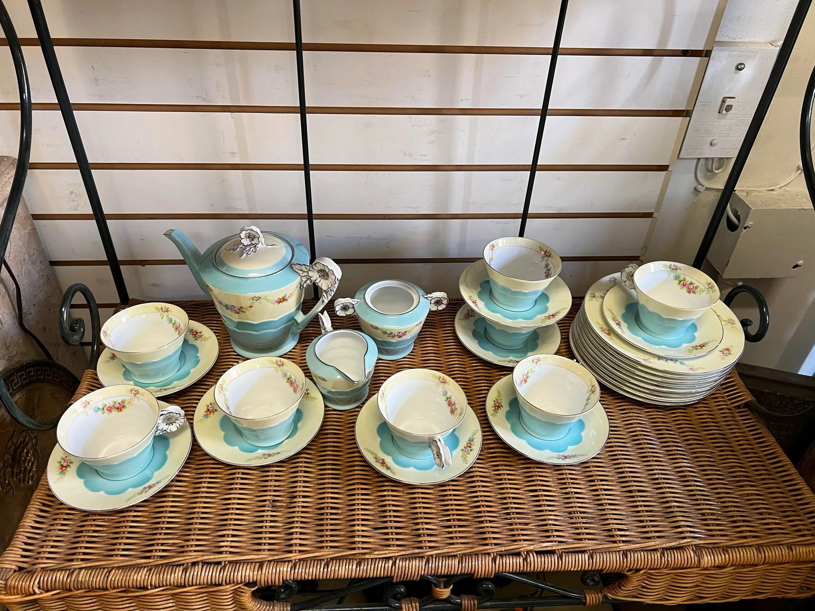 1920s Floral & Turquoise Noritake Dessert /Tea Set - 27 Pieces - 4