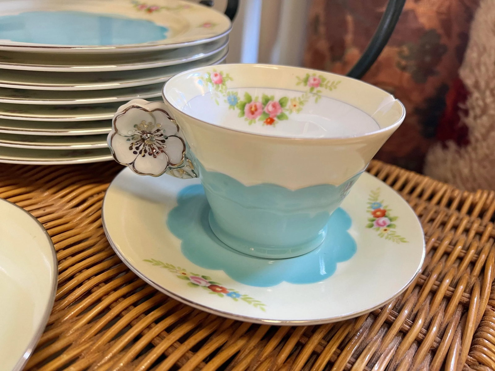 1920s Floral & Turquoise Noritake Dessert /Tea Set - 27 Pieces - 5