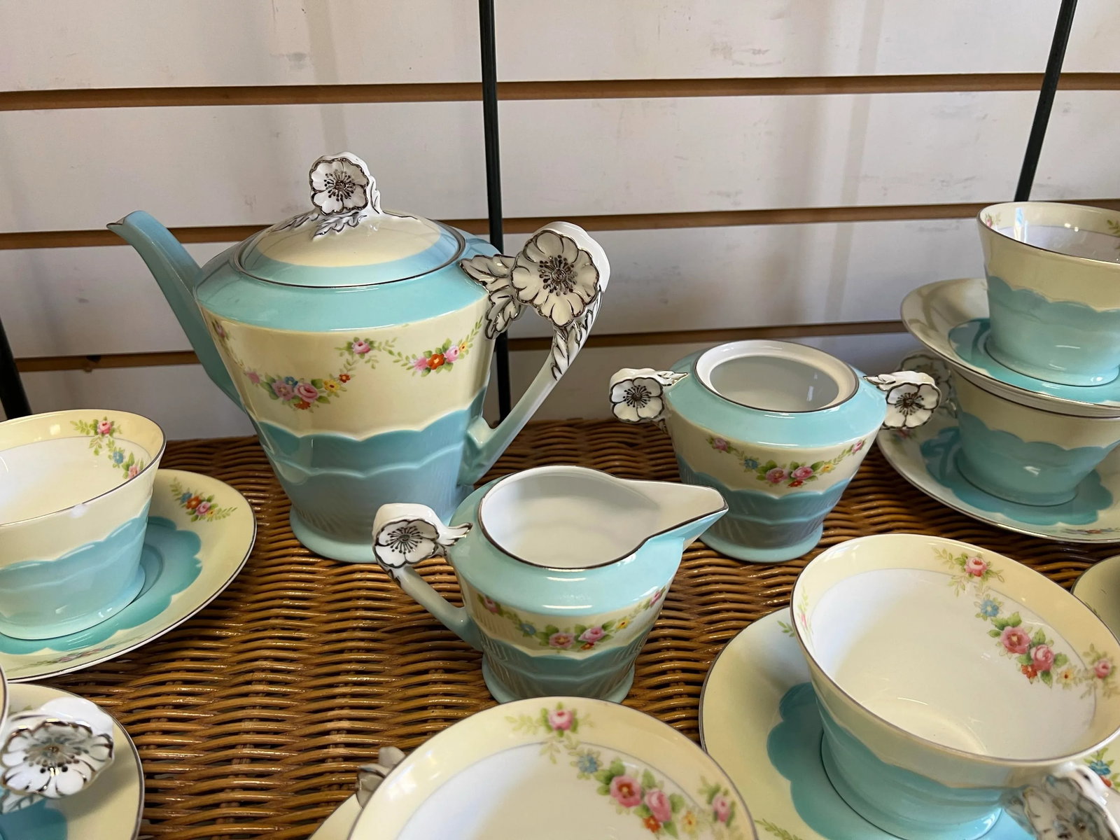 1920s Floral & Turquoise Noritake Dessert /Tea Set - 27 Pieces - 7