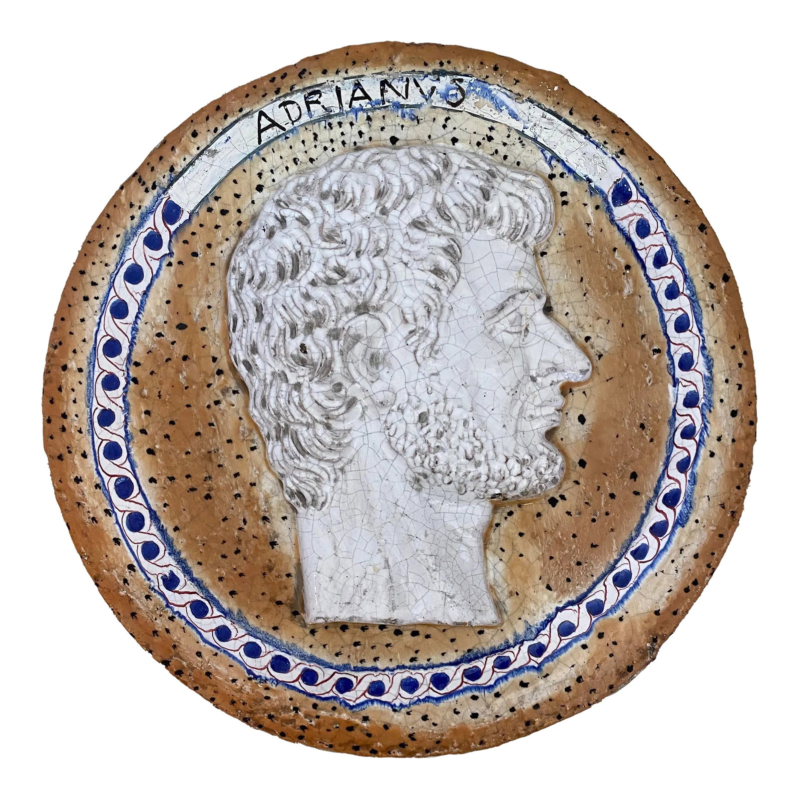 Glazed Terracotta Roman Wall Sculpture Plaque: Greek Roman plaque with hand-crafted side profile of a Roman emperor, most likely Hadrian, an ancient Roman emperor (117 to 138 CE.). A beautiful Mediterranean palette of terracotta, crisp-white and