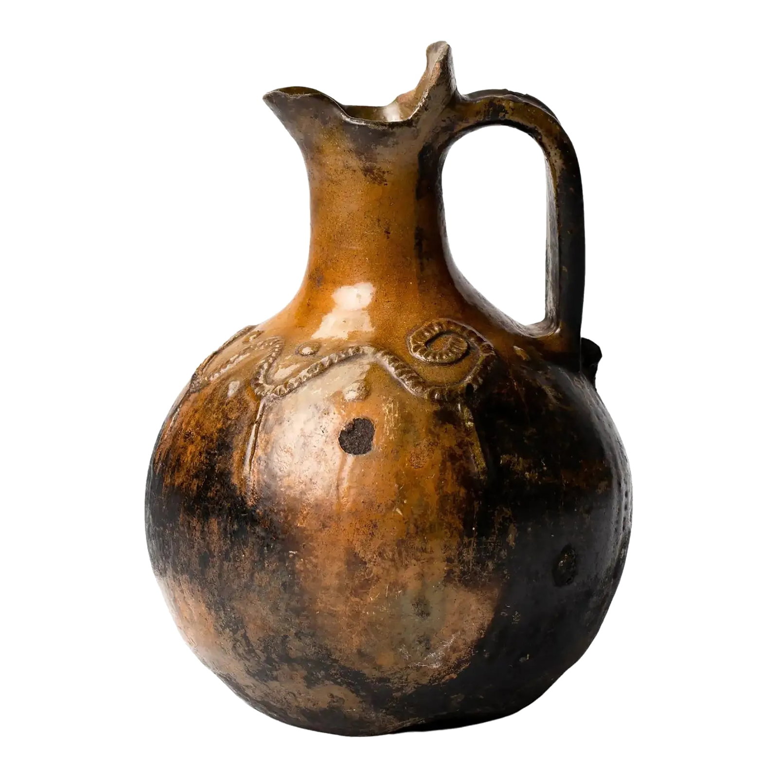 Antique Guatemalan Majolica Pottery Water Vessel Pitcher: Antique Guatemalan majolica pottery water pitcher / vessel from the highlands of Guatemala. This piece has such character, with majolica glaze and traditional decorative design applied in relief