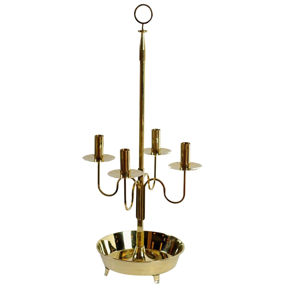 Large Tommi Parzinger Brass Candelabra for Dorlyn: At two-and-a-half feet tall, this stately four-arm candelabrum is one of Parzinger's larger designs for Dorlyn. Measures: 30". Condition: Alterations: Unknown Imperfections: Some Imperfections Conditi